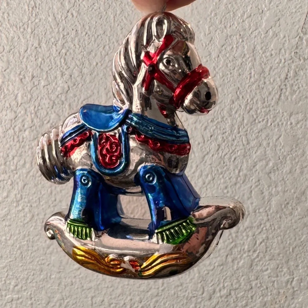 Vintage Rocking Horse Ornament Silver‎ Red Blue Gold Christmas Holiday Decor